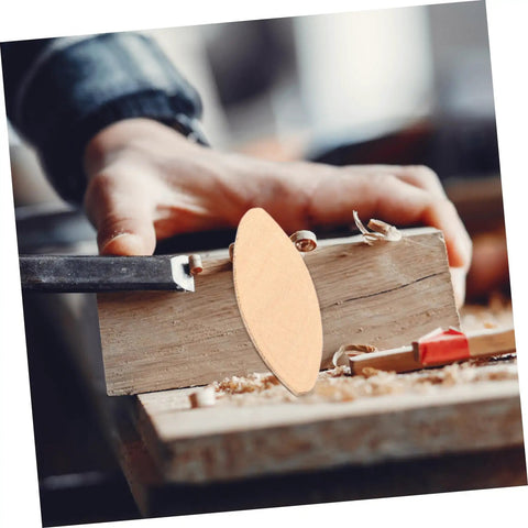 100 Pack Hella Strong Beech Wood Joiner Biscuits For Heavy Duty Woodworking and Furniture Assembly being inserted into wood.