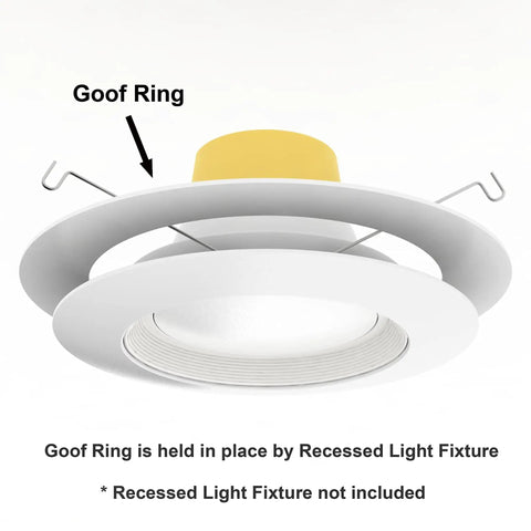 Gloss White Goof Trim Rings For Recessed Lighting Cans. Installed over recessed light fixture, showcasing fix for drywall gaps.