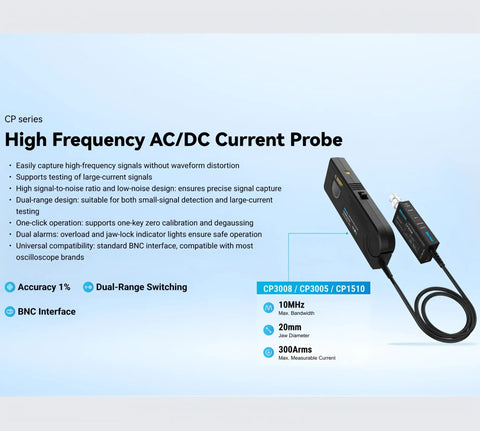 Top Shelf High Frequency AC DC Current Probe Packing 8MHz Bandwidth And 300 Amp RMS Plus 500 Amp Peak Range With Straight Up Percent Accuracy And Crisp Ten Milliamp Resolution For Zero Hassle Scope Testing, showing BNC interface.