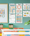 Boho Themed 26 Poster Set For Kids Laminated 17x11 Educational Wall Decor With 50 Designs Featuring Math and Time Posters