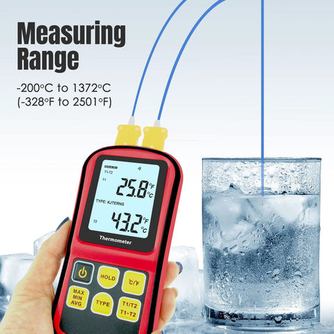 Red handheld digital thermocouple thermometer with four K-type probes; LCD shows 25.8°C / 43.2°F near a glass of ice water.