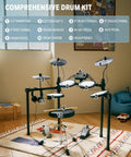 Starter Electronic Drum Kit For Beginners With 150 Sounds Quiet Mesh Pads Nine Inch Cymbals USB MIDI Type C Charging Set Up