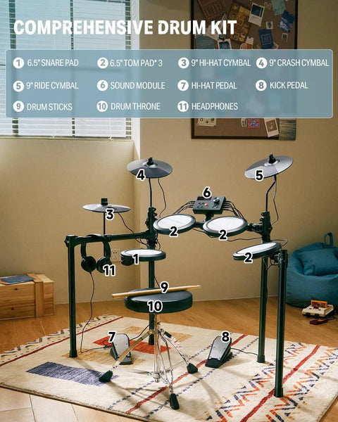 Starter Electronic Drum Kit For Beginners With 150 Sounds Quiet Mesh Pads Nine Inch Cymbals USB MIDI Type C Charging Set Up