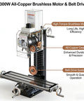 Precision Heavy Duty Benchtop Mill And Drill With 1300W Brushless Motor detailed view of motor and belt drive system.