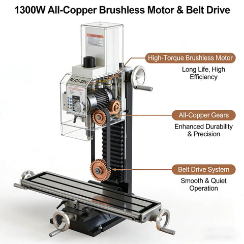 Precision Heavy Duty Benchtop Mill And Drill With 1300W Brushless Motor detailed view of motor and belt drive system.
