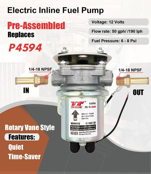 12V Electric Fuel Pump Replacement With 6-8 Psi Output Universal Rotary Vane Design, preassembled metal bracket, visible electrical wiring