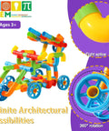 No Fuss Learning 156 Piece Pipe Building Blocks Set, colorful interlocking tubes and wheels for toddler construction.