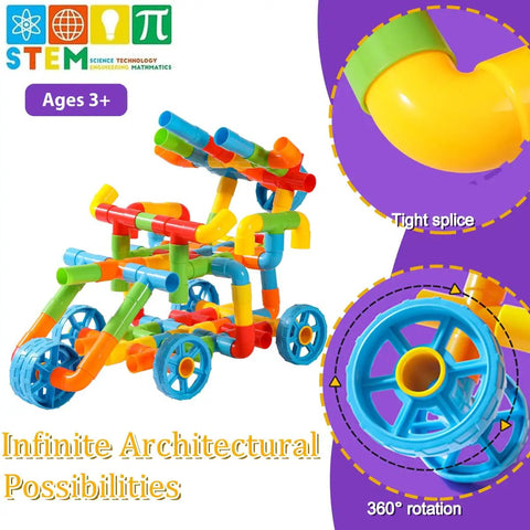 No Fuss Learning 156 Piece Pipe Building Blocks Set, colorful interlocking tubes and wheels for toddler construction.