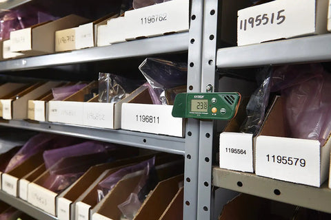 USB Humidity And Temperature Datalogger With SD Card Storage and Excel Export mounted on shelf in warehouse