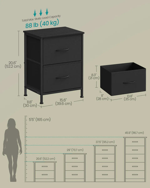 Dope Bedroom Dresser And Nightstand Storage Organizer Unit with dimensions, steel and MDF construction, two fabric drawers.