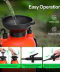 One Point Three Five Gallon Pump Sprayer For Garden And Home Use With Adjustable Nozzle, showing filling, safety lock, and handle operation