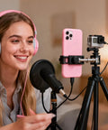 Woman recording with phone and microphone on tripod, using 10 Pcs Tightening Nuts For Car Mounts 17mm Ball Joint Adapters Replacement Ring Set.