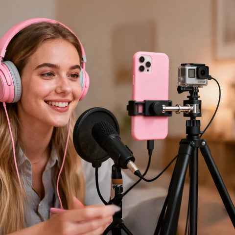 Woman recording with phone and microphone on tripod, using 10 Pcs Tightening Nuts For Car Mounts 17mm Ball Joint Adapters Replacement Ring Set.