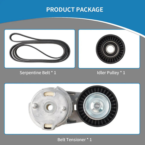 Premium Engine Belt Tensioner Serpentine Idler Pulley Kit 39269 For Cars Trucks Check Fitment Ensures Reliable Drive No Belt Slippage Noise Heavy Duty Keeps Ride Tight Easy Install Quality Parts Restore Power Save Money Daily Driving Keeps Transport. package with serpentine belt, idler pulley, and belt tensioner