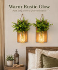 Rustic Mason Jar Wall Sconces Featuring Led Fairy Lights And Faux Ivy Vine Serve Up Serious Farmhouse Charm And Super Cool Evening Vibes For Your Spot Killer Decor Two Pack with warm glow and greenery.
