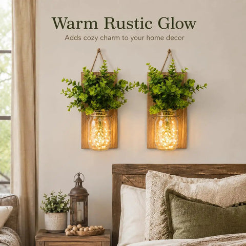 Rustic Mason Jar Wall Sconces Featuring Led Fairy Lights And Faux Ivy Vine Serve Up Serious Farmhouse Charm And Super Cool Evening Vibes For Your Spot Killer Decor Two Pack with warm glow and greenery.