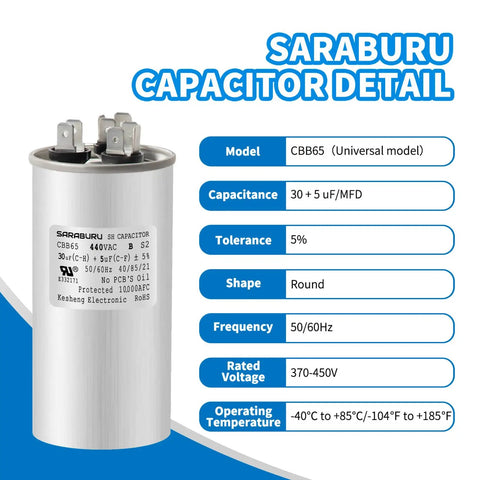 Detailed view of Dual Run Round CBB65 Capacitor 30 Plus 5 MFD Five Percent Tolerance 370 To 440 Volt for HVAC systems.