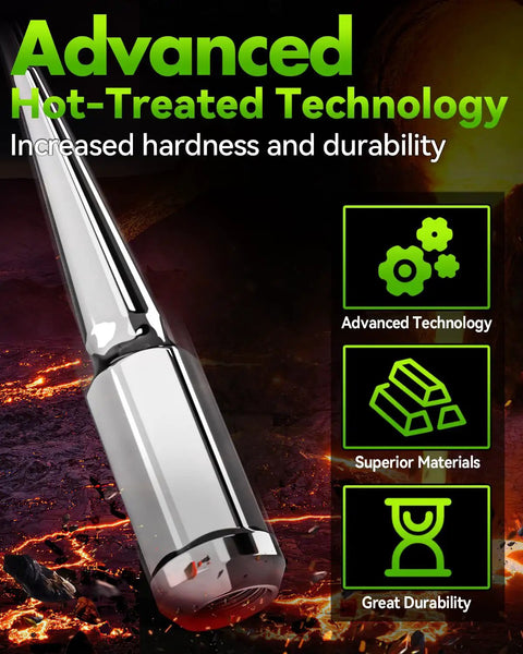 24 Pack Chrome Spike Lug Nuts M14x1.5 Closed End With 60 Degree Conical Bulge Seat And 1 Socket Key Fits 6 Lug Trucks Like Silverado Sierra Ram Off Road Ready, showcasing advanced hot-treated technology for increased hardness and durability.