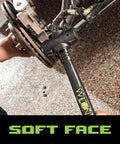 14 Inch Dead Blow Hammer With Beefy 3 Pound Head in use on metal, featuring spark resistant and no slip ergonomic handle.