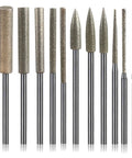 Diamond Grinding Burr Drill Bit Set For Rotary Tools, 11-Piece Pro Grade Polishing Kit With 1/8 Inch Shank, assorted sizes, front view.