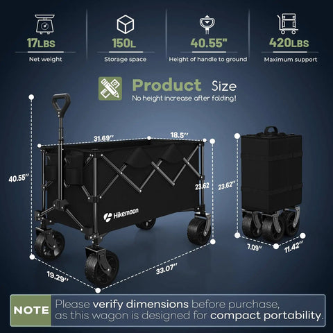 Image showing the Beast 150L Collapsible Wagon Cart With 420Lb Heavy Duty Frame, All Terrain Wheels, Folded and Opened Dimensions, Black