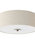 Two Light Flush Mount In Brushed Nickel With Off White Linen Shade And Etched Glass Diffuser Great Pick For Hallways Foyers Bedrooms And Bathrooms