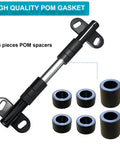 Hardcore Heavy Duty Wheelbarrow Axle Bracket Kit With Solid Five Eighth Inch Shaft And Bulletproof Steel Brackets Pom Gaskets Plus Complete Bolt And Nut Set For Stress Free Yard Work showing 6 POM spacers and a solid axle.