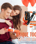 Couple smiling with gift; 22 In 1 Ratchet Screwdriver Set With 90 Degree Right Angle Bits Pocket Sized EDC Gear in box displayed nearby.