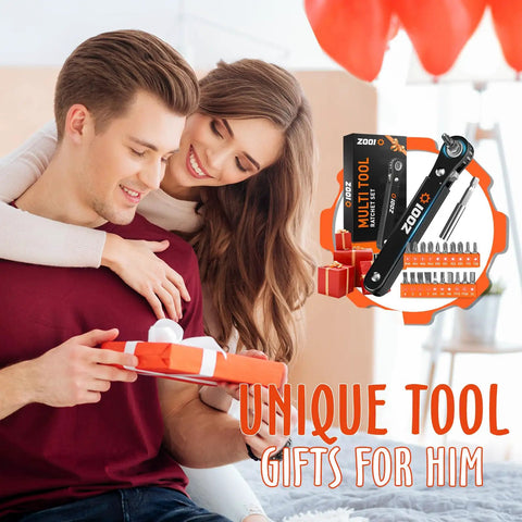Couple smiling with gift; 22 In 1 Ratchet Screwdriver Set With 90 Degree Right Angle Bits Pocket Sized EDC Gear in box displayed nearby.