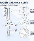 Clear plastic rear groove valance clips showcasing curved spring structure and reinforced center support for blinds repair.