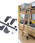 16-Foot Rolling Ladder Hardware Kit With Metal Track System And Floor Rollers, Black Finish, shown with wood ladder installed.