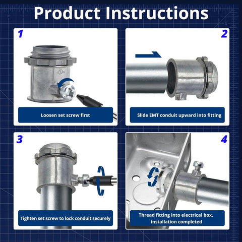 Product instructions for Built Tough 3/4 Inch Emt Set Screw Connector Heavy Gauge Zinc Die Cast installation steps.