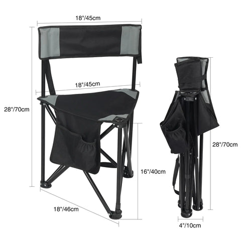 2 Pack Go-To Folding Tripod Camping Chairs With Backrest, Lightweight Steel 3-Leg Stool, dimensions shown, folded and unfolded view