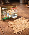 Top Shelf 1000 Piece Heavy Duty Birchwood Coffee Stirrers No Fuss Wooden Stir Sticks For Hot And Cold Brews Fully Compostable Natural Wood in a box.