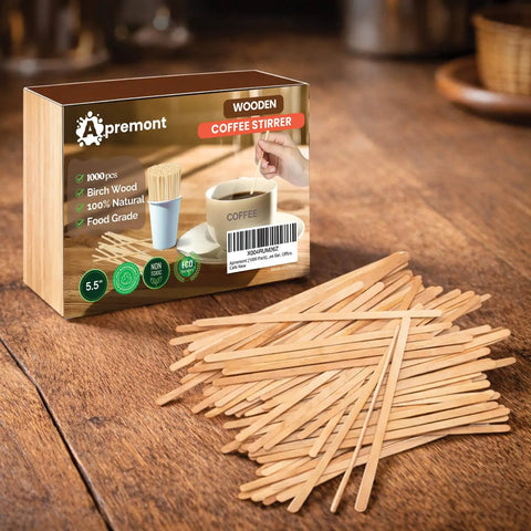 Top Shelf 1000 Piece Heavy Duty Birchwood Coffee Stirrers No Fuss Wooden Stir Sticks For Hot And Cold Brews Fully Compostable Natural Wood in a box.