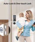 Woman holding child using keyless entry door lock with handle set built in WiFi fingerprint app control doorbell no key hassle smart home ready electronic keypad deadbolt one time code auto lock easy to install for Airbnb home and office