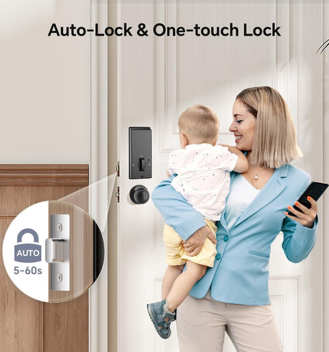 Woman holding child using keyless entry door lock with handle set built in WiFi fingerprint app control doorbell no key hassle smart home ready electronic keypad deadbolt one time code auto lock easy to install for Airbnb home and office