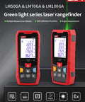 Two UNI-T green laser distance meters LM70GA and LM100GA displaying measurement results, featuring IP65 protection.