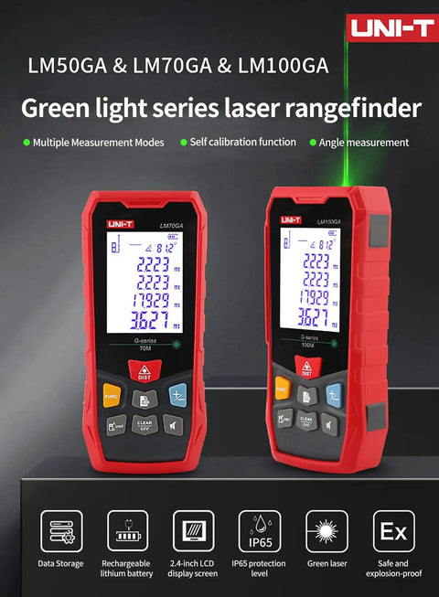 Two UNI-T green laser distance meters LM70GA and LM100GA displaying measurement results, featuring IP65 protection.