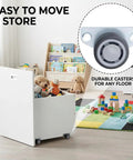 Mini Side Mount Caster Wheels Low Profile Rigid Non Swivel Rollers For Sliding Doors Drawers And Cabinets Slick Quiet Rubber Tires Smooth Rolling Solid Setup Four Pack 1.25 Inch on a toy storage box.