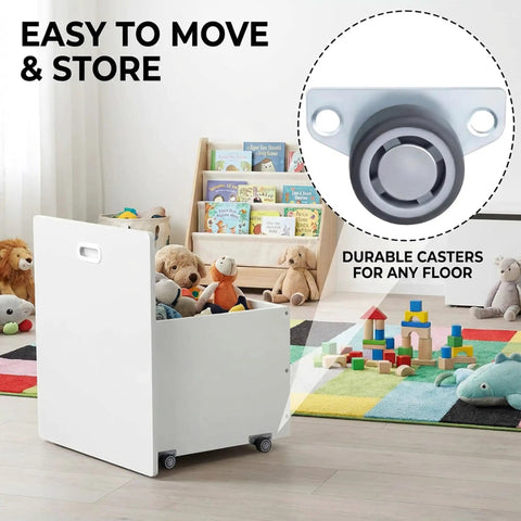 Mini Side Mount Caster Wheels Low Profile Rigid Non Swivel Rollers For Sliding Doors Drawers And Cabinets Slick Quiet Rubber Tires Smooth Rolling Solid Setup Four Pack 1.25 Inch on a toy storage box.