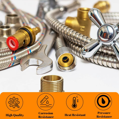 Two brass NPT reducer fittings, 3/4 in male to 1/2 in female, hex brass plumbing adapters