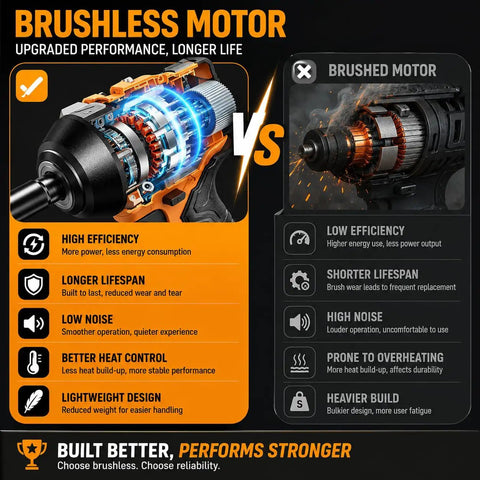 Comparison chart showing brushless motor advantages over brushed motor for Pro Grade Cordless Impact Wrench Featuring 1000Nm Half Inch Drive And 20V Battery.