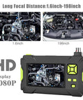 Dope 1080P HD Handheld Borescope With 4.3 Inch LCD Screen And Hella Bright LED Lights For Tight Spaces Android IOS Compatible Waterproof Inspection Camera showing engine details.
