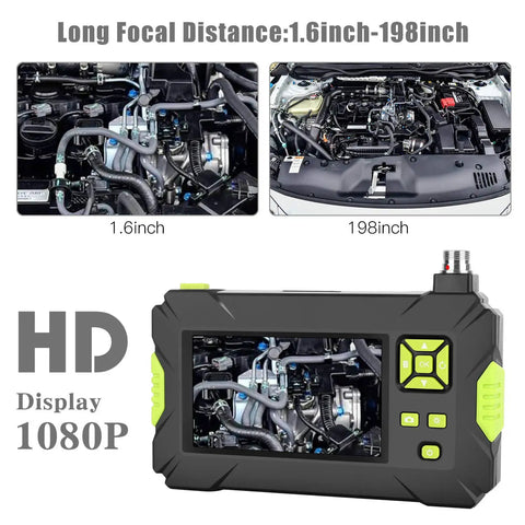 Dope 1080P HD Handheld Borescope With 4.3 Inch LCD Screen And Hella Bright LED Lights For Tight Spaces Android IOS Compatible Waterproof Inspection Camera showing engine details.