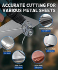 Upgraded Electric Drill Plate Cutter Metal Nibbler Attachment in use on steel sheet with material cutting thickness guide