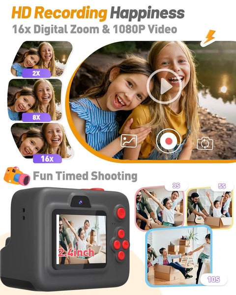 Kids Instant Print Camera With Dual Front And Rear Lenses For Selfies, 1080P Video, 2.4 Inch Screen, 16x Digital Zoom displayed