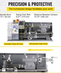 Heavy Duty 210Mm X 400Mm Mini Metal Lathe With Variable Speed Control Up To Two Thousand Two Hundred Fifty Rpm showing spindle features and controls.