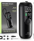 Cordless Bike Pump And Portable Air Compressor With Digital Pressure Gauge 150 PSI displayed with packaging and accessories