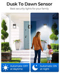 Day and night comparison of 30W Plug In LED Wall Pack Light With Dusk To Dawn Sensor on house exterior near garage and garden
